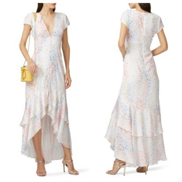 Hutch Multi Color Heart Maxi Dress White Satin Hi Low short sleeves V-neck 10 - Picture 4 of 15